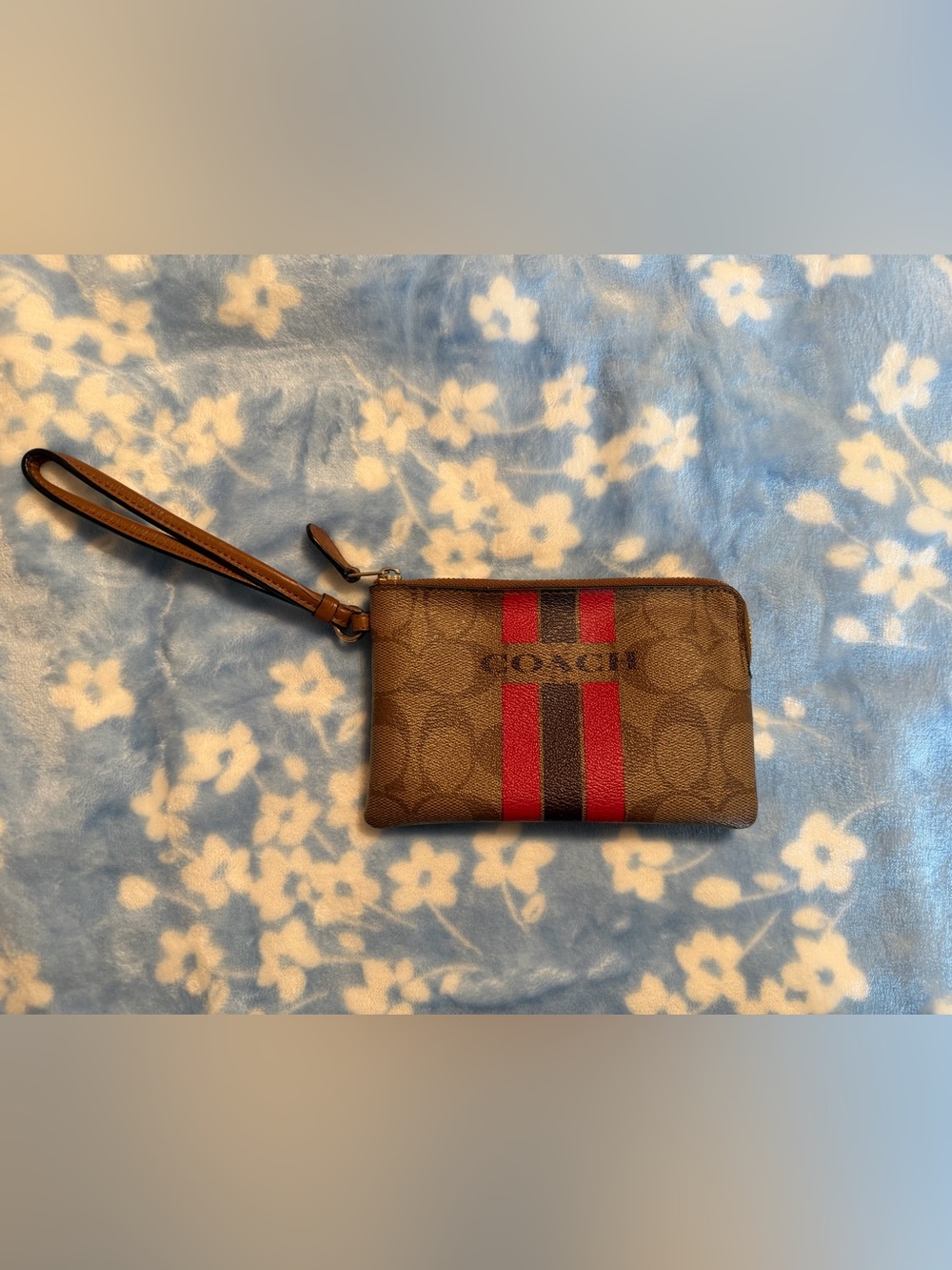 Coach Brown Signature Wristlet with Pink and Brown Stripes